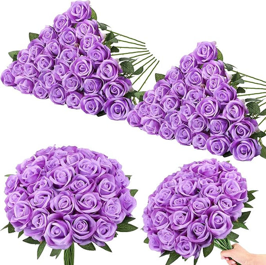 80 Pcs Roses Artificial Flowers, Silk Purple Artificial Flowers Petals Long Stem Roses for Wedding Bouquet Home Party Decor