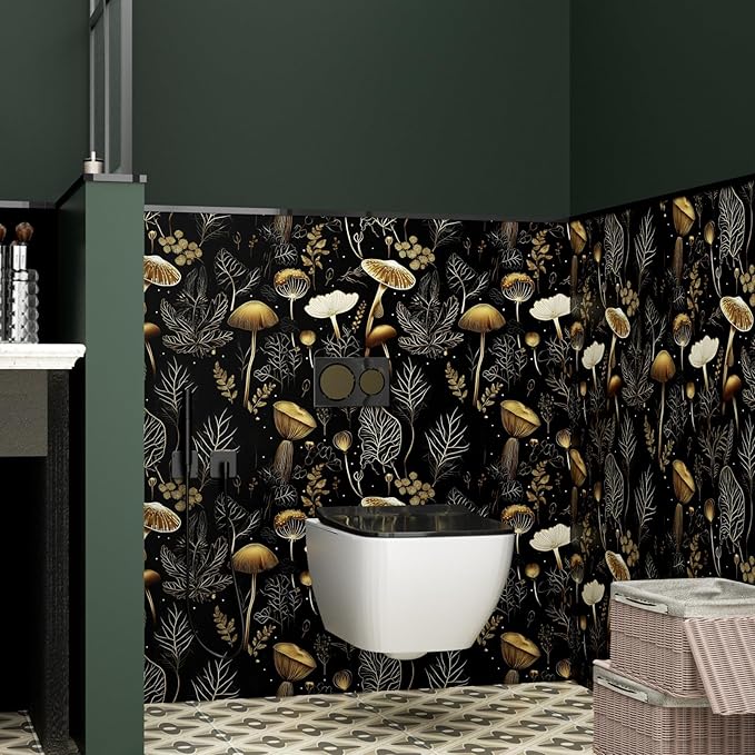 Boho Wallpaper Peel and Stick Dark Floral Contact Paper 17.5" x 393" Vinyl Self Adhesive Vintage Mushrooms Wall Mural Leaf Wall Paper for Room Countertop Drawer Decor(Golden,Black)