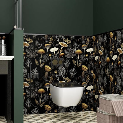 Boho Wallpaper Peel and Stick Dark Floral Contact Paper 17.5" x 393" Vinyl Self Adhesive Vintage Mushrooms Wall Mural Leaf Wall Paper for Room Countertop Drawer Decor(Golden,Black)