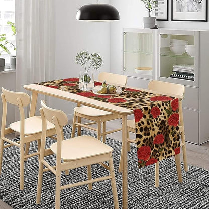 Red Rose Leopard Print Table Runner, Romantic Vintage Rose Flower Spring Summer Dinner Runner Table Decoration for Home Kitchen Dining Holiday Wedding Party 13x36in