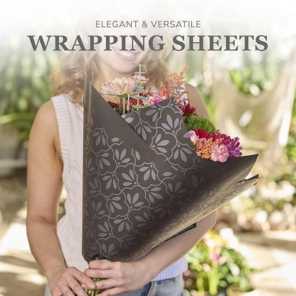 the florist Supply 20 Sheets Premium Flower Wrapping Paper | Waterproof Flower Wrapping Paper for Bouquets | Double Sided Floral Bouquet Sheets | DIY Gifts Isabella Black/Metallic Black
