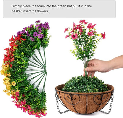 HyeFlora Artificial Faux Hanging Plants Flowers Basket for Summer Outdoor Outside Decoration, Fake Silk UV Sun Resistant Look Real Colorful Daisy Eucalyptus for Porch Home Patio Balcony Yard