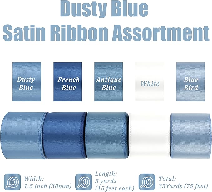 Dusty Blue Satin Ribbon - 1 1/2 Inch, 5 Rolls Assortment for Wedding, Flower Bouquet, Gift Wrapping, Hair Bow Crafts - 25 Yards
