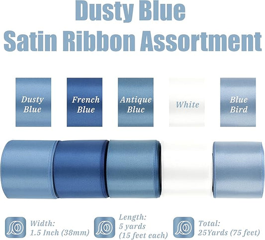 Dusty Blue Satin Ribbon - 1 1/2 Inch, 5 Rolls Assortment for Wedding, Flower Bouquet, Gift Wrapping, Hair Bow Crafts - 25 Yards