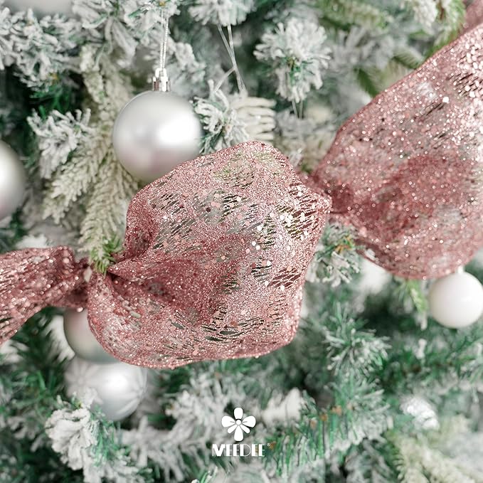 MEEDEE 6 Inch Wide Wired Ribbon Rose Gold Glitter Mesh Web Wired Edge Ribbon by 10 Yards Roll Rose Gold Wired Ribbons for Christmas Tree, Garland, Holiday Wreaths, Bows, Centerpiece, Gift Wrapping