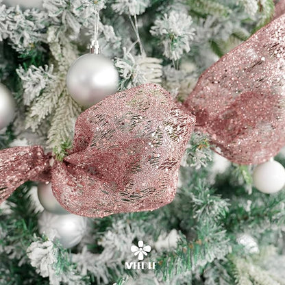 MEEDEE 6 Inch Wide Wired Ribbon Rose Gold Glitter Mesh Web Wired Edge Ribbon by 10 Yards Roll Rose Gold Wired Ribbons for Christmas Tree, Garland, Holiday Wreaths, Bows, Centerpiece, Gift Wrapping