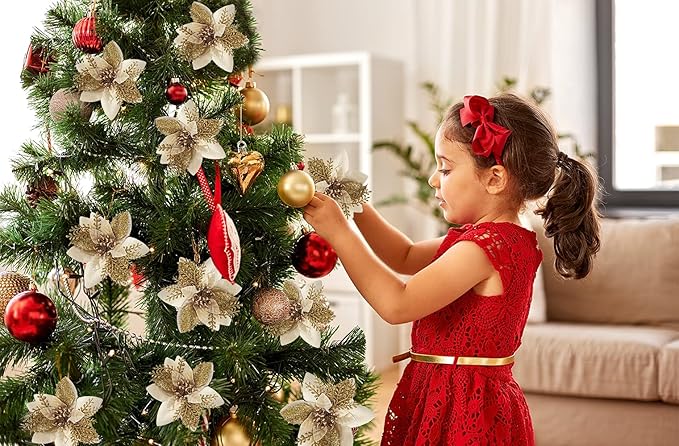 RECUTMS Christmas Tree Ornaments 10Pcs Glitter Poinsettia,Artificial Poinsettia Flowers Xmas Tree Ornaments 6" Wide for Xmas Tree Wreaths Garland Holiday Seasonal Wedding Decorations(Gold)