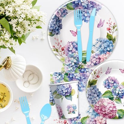 Hydrangea Floral Plates and Napkins Party Supplies - Paper Plate, Cup, Napkin, Fork - Flower Hydrangea Birthday, Bridal, Baby Shower, Wedding Decorations | Serve 24