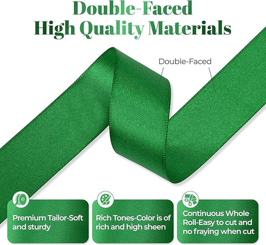 Green Satin Ribbon, Double Faced 1 Inch X 50 Yards Green Ribbon, Premium Satin Ribbon for Gift Wrapping, Crafts, Hair Bow Making, Sewing, Flower Bouquet, Wedding Party Decor