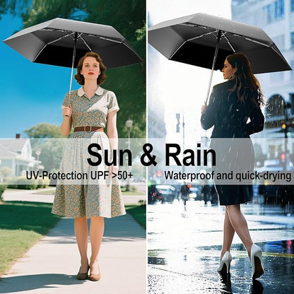 Automatic Mini Travel Windproof Folding Umbrella - UV Protection, Instant Open/Close for Rain/Sun, Small Compact Lightweight Design Fits in Tote Bag/Travel Case/Backpack for Commute, Women & Men