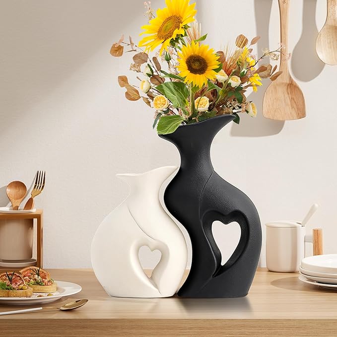 XL Black and White Vase Set of 2,Heart Shaped Ceramic Vases Home Decor,Minimalist Decorative Vases,Modern Home Decor for Wedding Dining Living Room Office Coffee Table Centerpiece