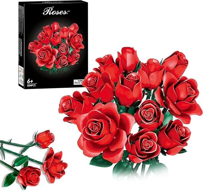 Flowers Bouquet Building Set, 12 Artificial Red Roses Botanical Collection Building Block Educational Toys Gift for Girls Kids Women Valentines Mothers Day Christmas Birthday Gift, 634 PCS