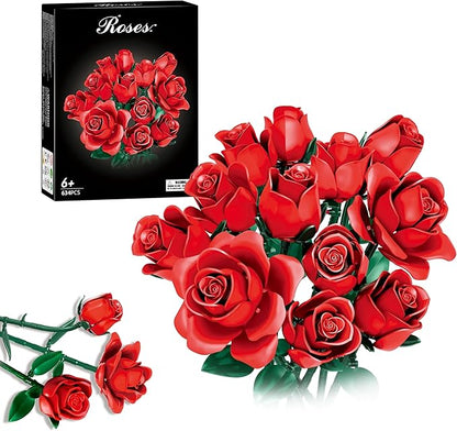 Flowers Bouquet Building Set, 12 Artificial Red Roses Botanical Collection Building Block Educational Toys Gift for Girls Kids Women Valentines Mothers Day Christmas Birthday Gift, 634 PCS