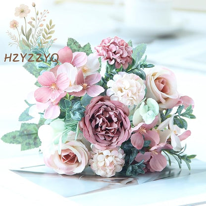 4 Pack Artificial Peony Flowers, Silk Peonies Flowers Fake Peonies Artificial Flowers Peonies Hydrangea Bouquet for Centerpiece Table Wedding Party Home Decor(Rose + Pink)