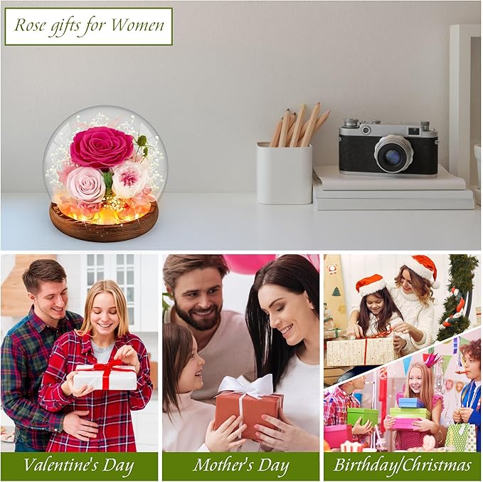 Pink Rose Birthday Gifts for Women Forever Flowers for Delivery Real Rose in Glass Dome with LED Strip, Preserved Flowers Rose Gifts for Wife Girlfriend Mom on Wedding Anniversary