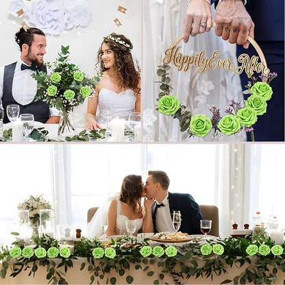 Artificial Flowers Roses Real Looking Foam Fake Roses with Leaves and for DIY Wedding Bouquets Bridal Shower Centerpieces Party Decorations (Green, 200)