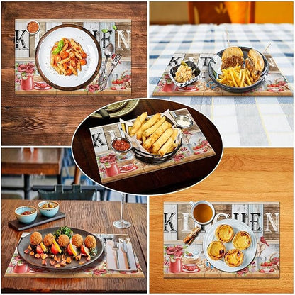 Farmhouse Vintage Kitchen Placemats Rustic Wood Plank Barn Door Retro Strawberry Utensils Knives and Forks Placemats Table Dining Party 12x18 Inch Set of 4