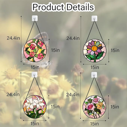 Stained Glass Window Hanging 4 Pcs Set Pink Floral Theme Large 15" - Flowers Suncatcher Door Garden Sun Catcher Decor Birthday Christmas for Mom Woman Nana Men Friend
