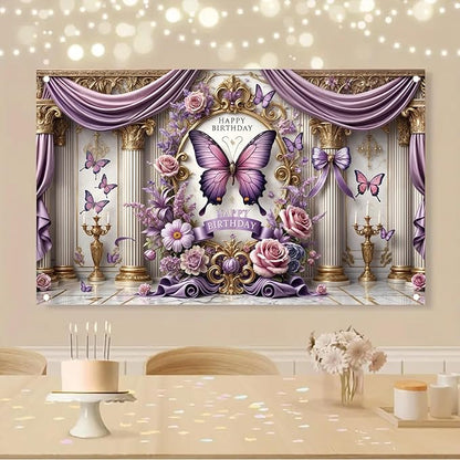 Floral Birthday Backdrop Banner for Girls Spring Butterfly Happy Birthday Photography Background Pink Flower Blossom Plant Pastel Lovely Princess Banner Photo Booth Studio 70.8 x 43.3 Inch