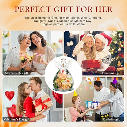 FIACO Gifts for Women Birthday Christmas Preserved Rose Forever Flower in Glass Angel Figurines Fresh Flowers for Delivery for Mom Real Colorful Roses for Grandma Wife Her from Daughter
