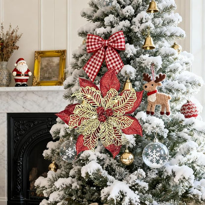 9'' Large Christmas Poinsettia Flowers, 4 Pcs Red Gold Glitter Artificial Christmas Tree Ornament Flowers Decorations with Clips for Xmas Tree Wreath Garland Wedding Party DIY Decor