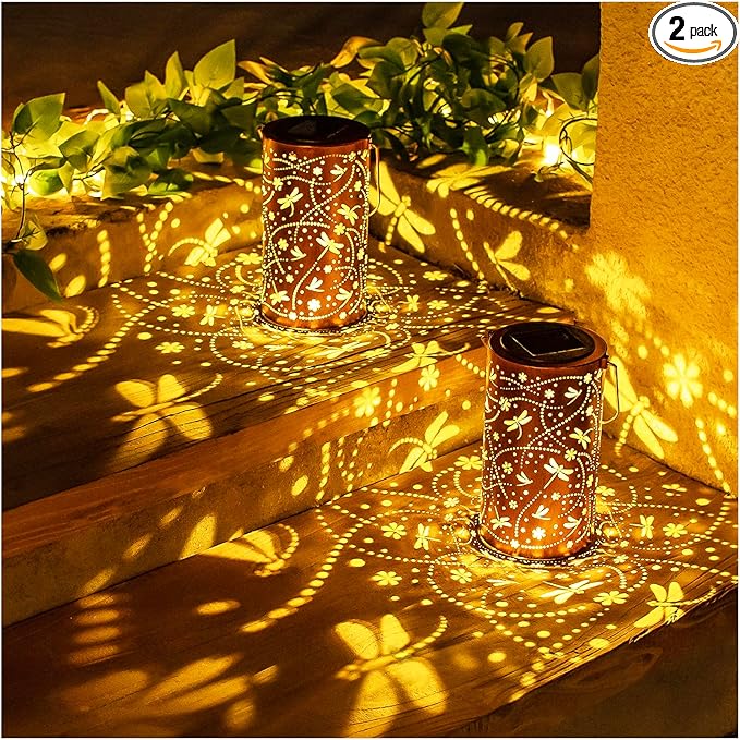 2 Pack Dragonfly Solar Lanterns Outdoor Waterproof Hanging Solar Lights Dragonfly Gifts for Women Men Metal Decorative LED Lights for Garden Decor,Yard,Patio,Lawn,Tabletop,Pathway,Landscape