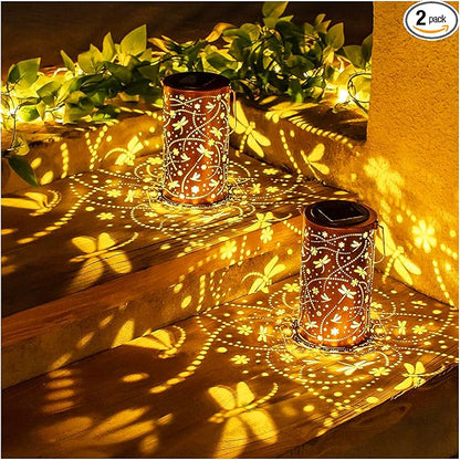 2 Pack Dragonfly Solar Lanterns Outdoor Waterproof Hanging Solar Lights Dragonfly Gifts for Women Men Metal Decorative LED Lights for Garden Decor,Yard,Patio,Lawn,Tabletop,Pathway,Landscape