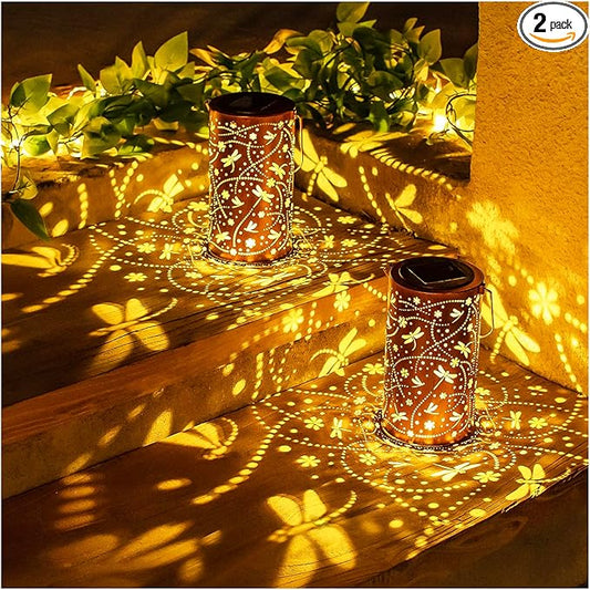 2 Pack Dragonfly Solar Lanterns Outdoor Waterproof Hanging Solar Lights Dragonfly Gifts for Women Men Metal Decorative LED Lights for Garden Decor,Yard,Patio,Lawn,Tabletop,Pathway,Landscape