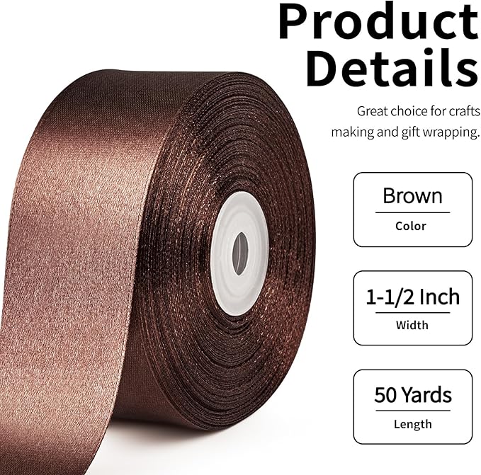 1-1/2 Inch Wide Brown Satin Ribbon, 50 Yards Solid Polyester Fabric Ribbon for Roses Making, Gift Wrapping, Christmas, Wedding Decorations, Crafts, Bows