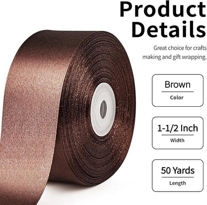 1-1/2 Inch Wide Brown Satin Ribbon, 50 Yards Solid Polyester Fabric Ribbon for Roses Making, Gift Wrapping, Christmas, Wedding Decorations, Crafts, Bows