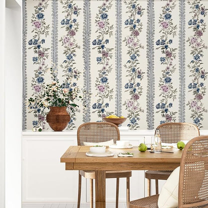 Vintage Floral Wallpaper Peel and Stick Boho Wallpapers 17.5in x32.8ft Blue/Beige Floral Wall Mural Vinyl Removable Self Adhesive Nursery Modern Wallpaper for Bookshelf Cabinets Bathroom Walls
