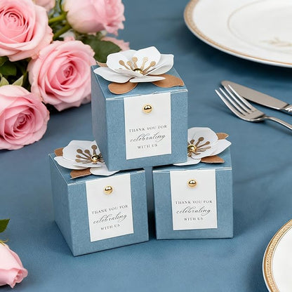 FEIYI 20 PCS Candy Boxes, 3 In 1 Dusty Blue Favor Boxes with Floral Decor, White Thank You Tags Gift wrapping for Wedding Birthday Baby Shower Decorations Party -2.55x2.55x2.55''