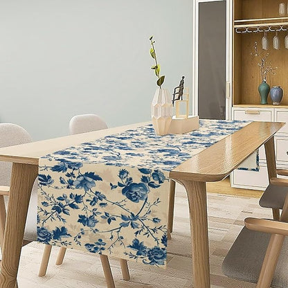 Vintage Floral Table Runner, Retro Blue Flowers Farmhouse Design Table Runner for Kitchen Dining Holiday Party Decor, 13x36 Inch