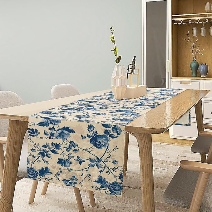 Vintage Floral Table Runner, Retro Blue Flowers Farmhouse Design Table Runner for Kitchen Dining Holiday Party Decor, 13x70 Inch