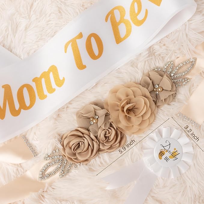 Baby Shower Maternity Sash Belly Belt-Pink Flower Sash Set Mom to Be & Dad to Be Corsage Pins for Gender Reveal
