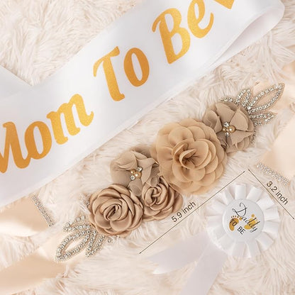 Baby Shower Maternity Sash Belly Belt-Pink Flower Sash Set Mom to Be & Dad to Be Corsage Pins for Gender Reveal
