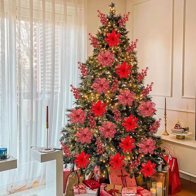 Sawowkuya 22 Pcs Red Christmas Poinsettia Artificial Flowers and Glitter Berries Stems Kit, Christmas Poinsettias Decorations and Christmas Tree Ornaments for Xmas Home Wedding Holiday Tree Decor