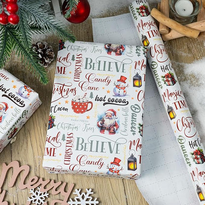 MAYPLUSS Christmas Wrapping Paper Roll - 17 In x 33 Feet - Cute Watercolor Santa Claus Snowman Christmas Gift Wrap Paper for New Year, Holiday, Kids