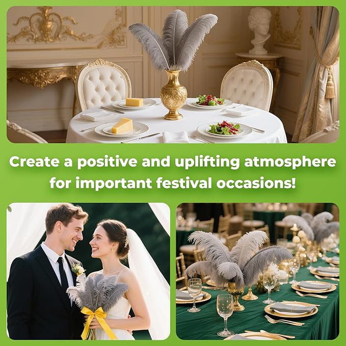 Piokio 20pcs Natural Grey Ostrich Feathers 10-12 inch (25-30cm) Bulk Feathers for Wedding Party Centerpieces, Home Decoration and DIY Clothing, Gatsby Decorations