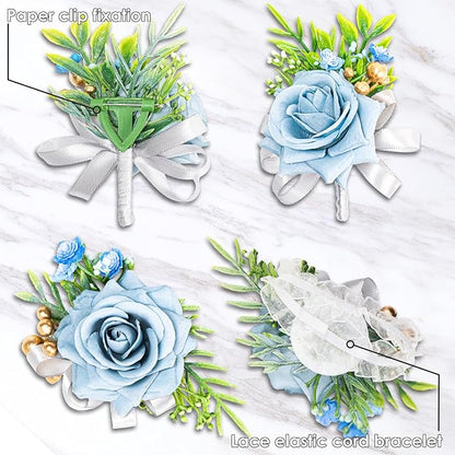 2 Pcs Blue Rose Wrist Corsage and Boutonniere Set, Rose Corsage Hand for Women, Boutonniere for Men Wedding Artificial Flowers Accessories Prom Decor, Wedding Flower Party Accessories (Blue)