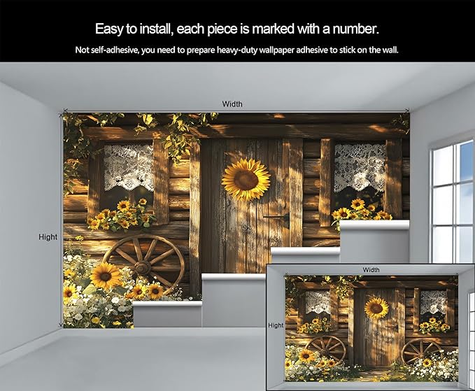 KIREUPA Rustic Cabin Sunflower Wall Mural, Vintage Cottage Door Sunflower 3d Wall Murals, Farmhouse Nature Wallpaper Mural, for Living Room Bedroom Large Wallpaper Indoor Decor 59" W x39.4 H