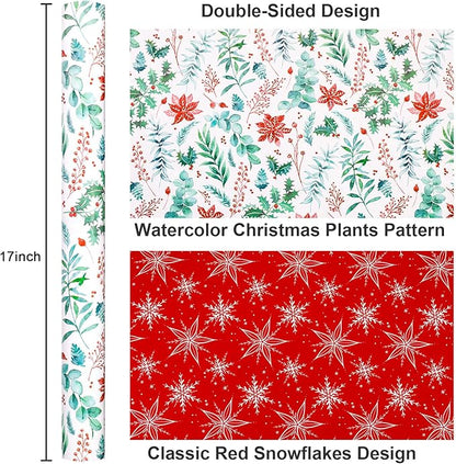 Yarcony Christmas Wrapping Paper, Holly Wrapping Paper, Vintage Watercolor Poinsettia, Floral Botanical & Winter Green Pattern Neutral Christmas Gift Wrap for Holiday, Celebration (17 Inch x 33 Feet)
