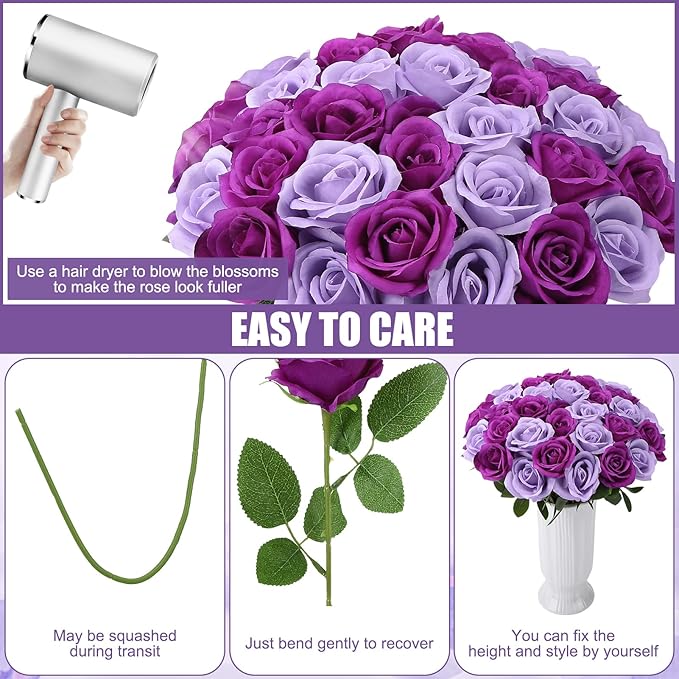 36 Pcs Lilac, Purple Artificial Roses with Long Stems, Fake Silk Rose Artificial Flowers Bulk for Bridal Wedding Bouquet Centerpiece Ball Arrangement Party Decor