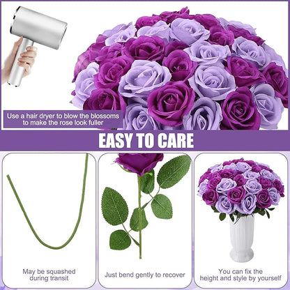 36 Pcs Lilac, Purple Artificial Roses with Long Stems, Fake Silk Rose Artificial Flowers Bulk for Bridal Wedding Bouquet Centerpiece Ball Arrangement Party Decor