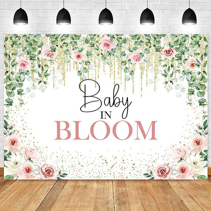 Sensfun Baby in Bloom Backdrop Green Leaves Pink Flowers Baby Shower Party Decorations Girls Greenery Floral Baby in Bloom Banner Gold Glitter Dots Photography Background Cake Table Supplies 8x6ft