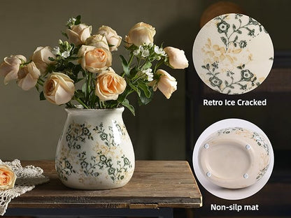 Vintage Flower Vase, Chinoiserie Floral Ceramic Vase for Home Decor, Green and White Decorative Vases for Centerpiece Table Decorations, Vases for Living Room Kitchen Entryway Mantle Shelf Decor Vase