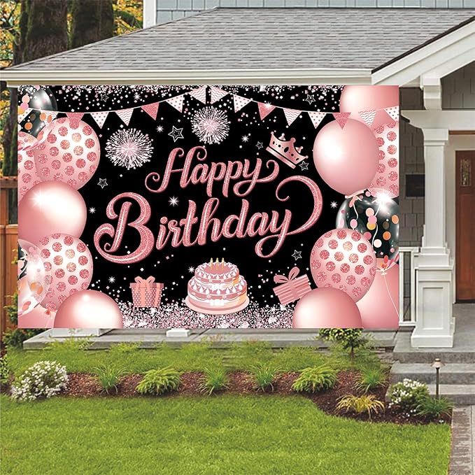 YinQin 180x120 cm Black Rose Golden Happy Birthday Party Photography Backdrops Cloth 71x47 inch Rose Gold Photo Backgrounds Glitter Pink Gold Happy Birthday Sign Banner Decorations for Women Girl