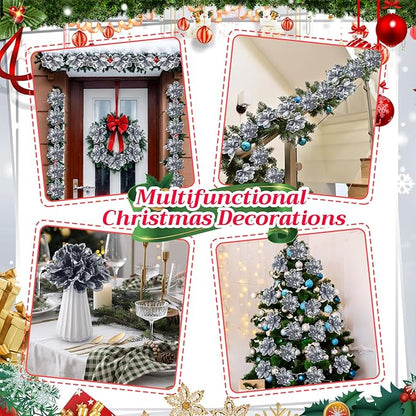 20 Pcs Christmas Glitter Poinsettia Magnolia Flowers Ornaments Large Heads Artificial Magnolia Flowers for Christmas Tree Xmas Wreath Holiday Wedding Decor (Grey)