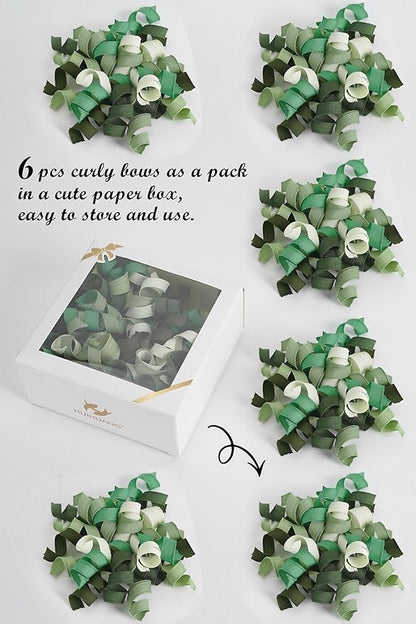 HUIHUANG Green Curly Gift Bows Self Adhesive Sage Green Burst Gift Bow for Gift Wrapping, Birthday, Wedding Baby Shower Party Favors, Wine Bottle, Treat Bags- 6 Counts