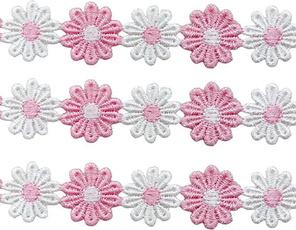 15 Yards Daisy Flower Lace Trim Embroidered Floral Lace Sewing Trim Ribbons for Embellishment Craft Dress Hair Accessories Decorations(White/Pink)